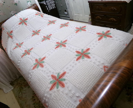 Vintage Full Size Sea Star Chenille Bedspread | Whimsical Coastal Decor | Beach House Chic | 100% Cotton Cottage Bedding | Seaside Dreams