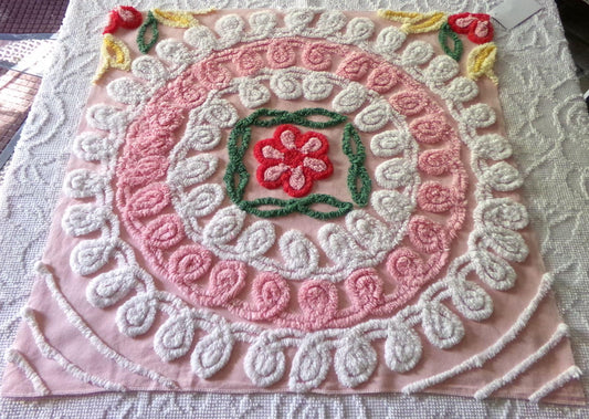 pink & white frosted cake chenille fabric, vintage 1950s sewing material for quilting and crafts, 24" x 23" inch piece with single rose