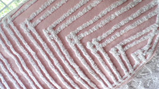 Pretty Pink & White Striped Vintage Chenille Fabric, Large 41" x 17" inch Rounded Corner Piece, Lovely in Handmade Quilts