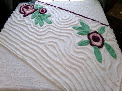 Berry Mauve Blooms Vintage Chenille Fabric, Large 22" x 37" Piece of Plush Swirl White Cotton Sewing Material Upcycle into Quilts & Crafts