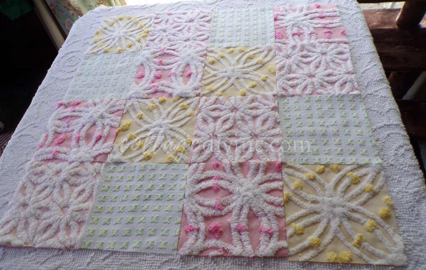 Spring Fling Chenille Quilt Squares Set from Vintage Bedspread Fabric, 16 Blocks, 6" x 6" inch