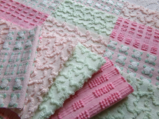 phantom rose 6" chenille squares, green, pink, white rosebud, set of 16 quilt blocks rotary cut from vintage chenille bedspread fabrics