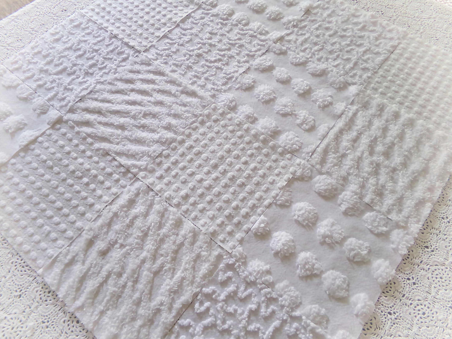 Snow Day White Fabric Squares Cut from Vintage Chenille Bedspreads, 16 Quilt Blocks, 6" x 6" inch each