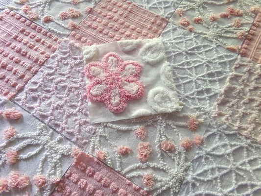 Think Pink Chenille Fabric Squares Set, 17 Vintage Quilt Blocks, 6" inch in Pinks & White