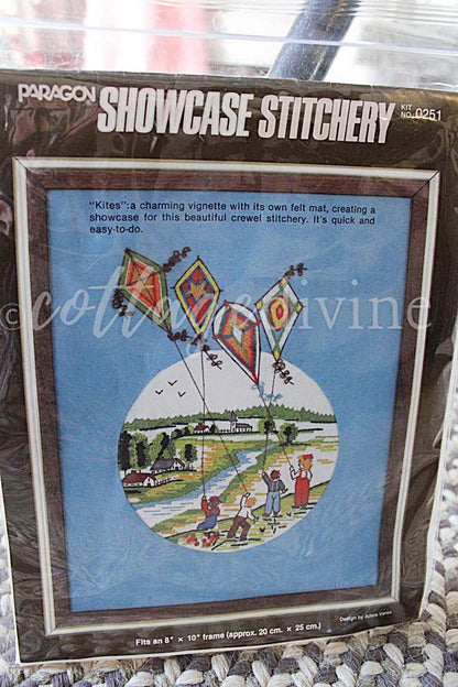 KITES Stitchery Kit Whimsical Vignette Vintage Paragon Creative Crewel Embroidery Design #0251, by Adele Veres, fits 8" x 10" frame