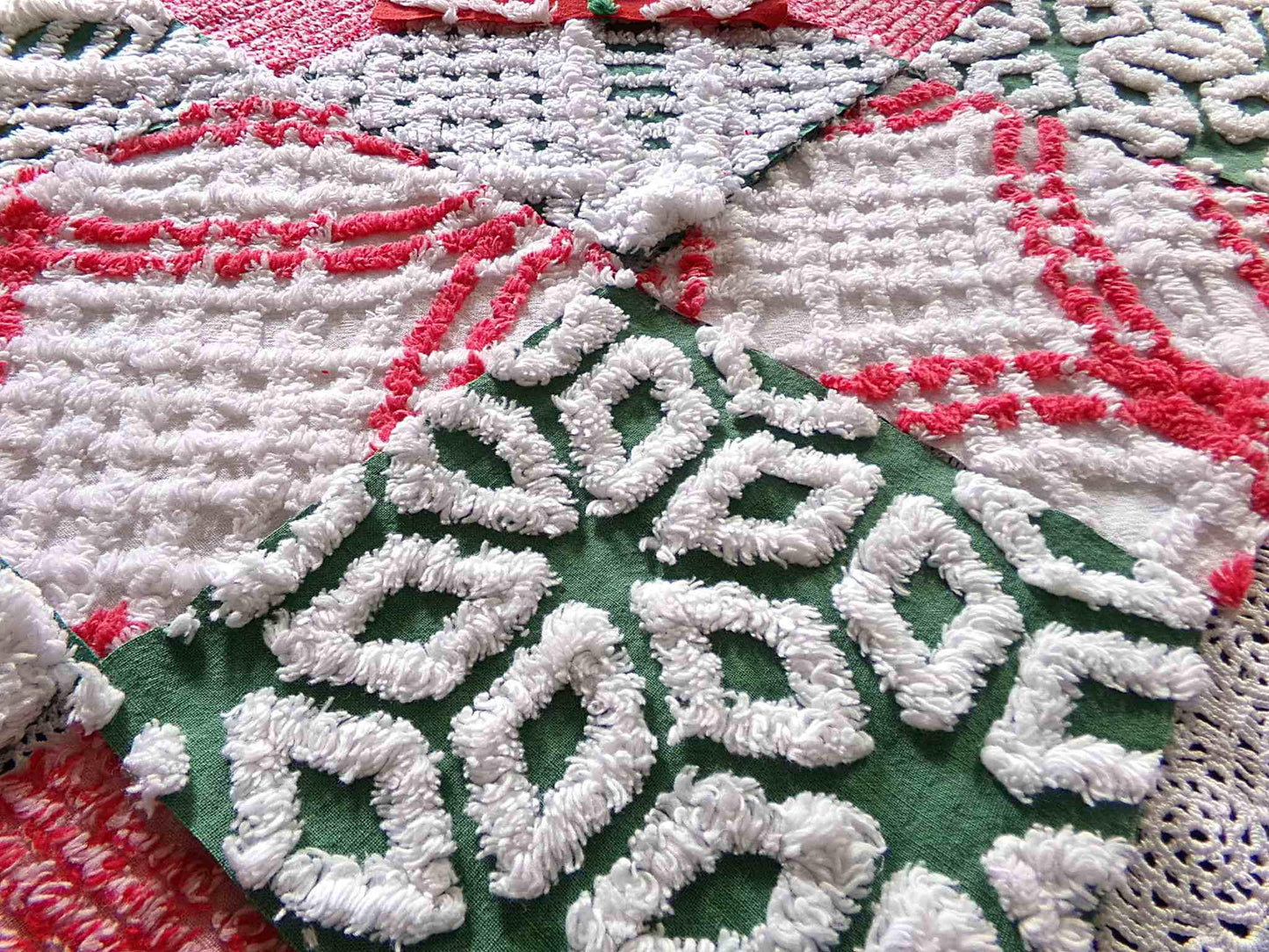 Christmas Chenille Quilt Squares, Set of 17 Festive Red, White & Green 6" Cotton Quilt Blocks, ideal for holiday crafts, quilting and sewing