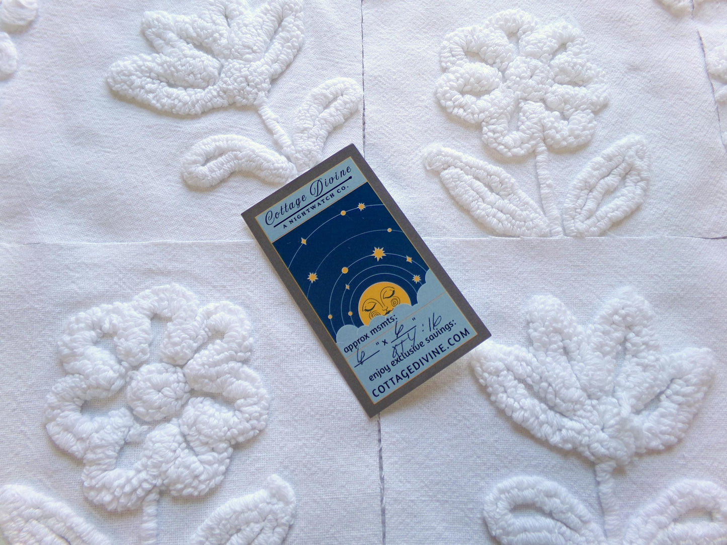 vintage 6" chenille fabric squares, "whispers of white" set of 16 quilt blocks in florals & geometrics