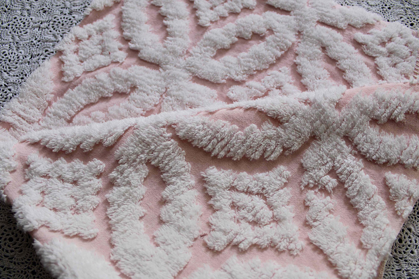 sculpted petals vintage chenille fabric, white tufting on cool pink, 20" x 25" inch piece, 100% cotton