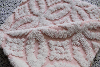 sculpted petals vintage chenille fabric, white tufting on cool pink, 20" x 25" inch piece, 100% cotton