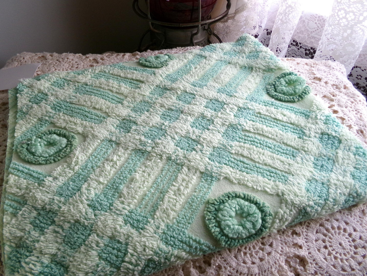 Donut Dots Vintage Chenille Fabric Material, 24" x 20" inch Piece, Lightweight Shamrock Green