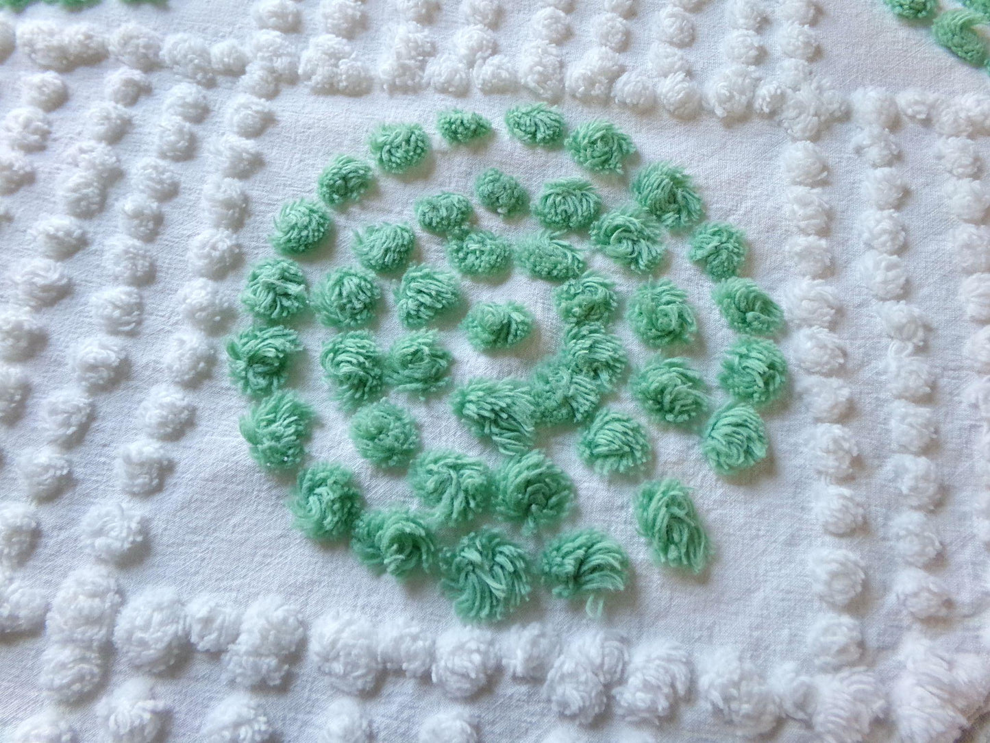 sweet shamrock green vintage chenille fabric, diamond circle pattern, 16" x 24" piece of white cotton sewing material for quilts, crafts