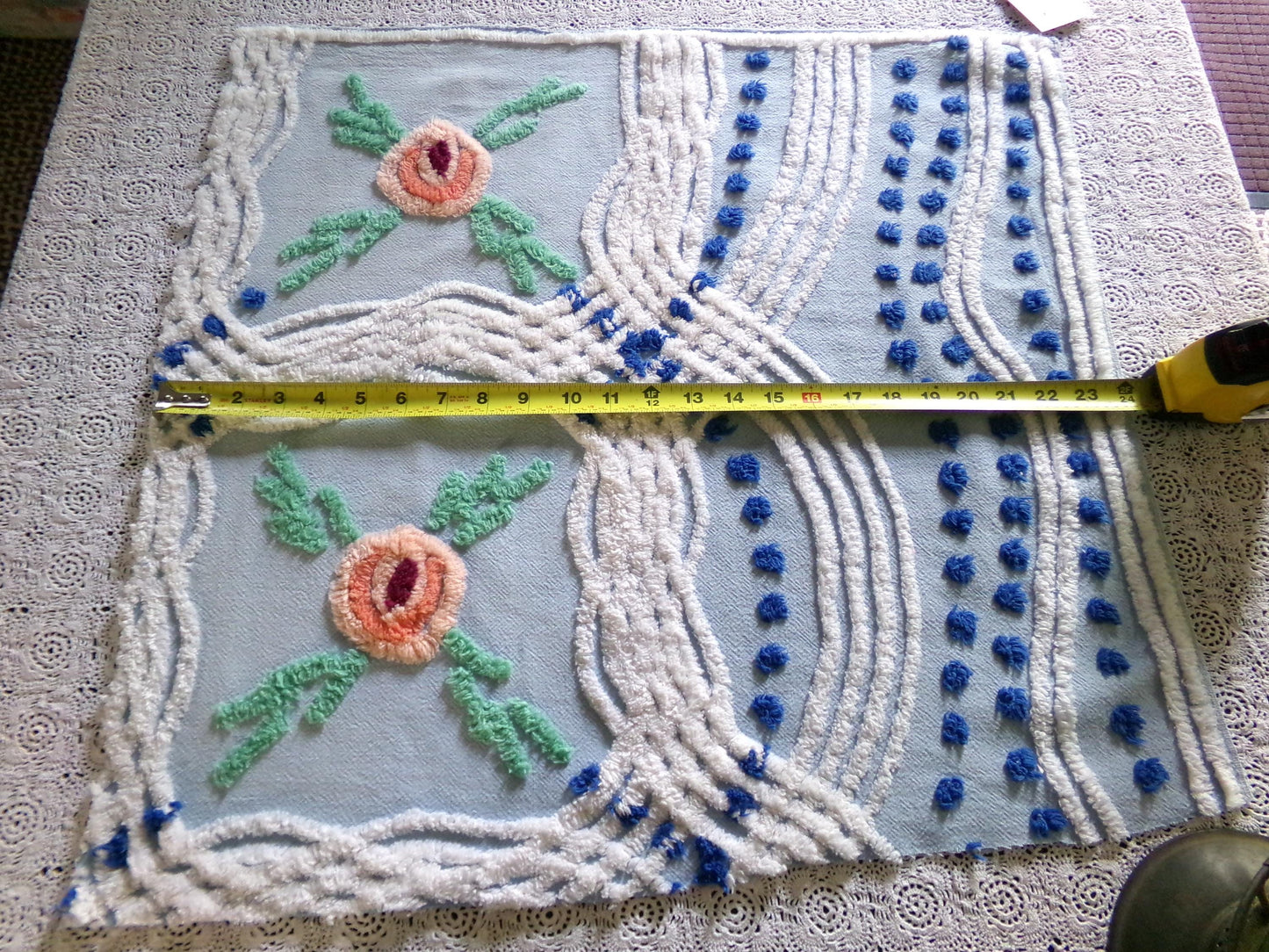 Cottage Style Blue Chenille Fabric, Pretty Pink Roses, 23" x 21" inch Piece, Great for Handmade Quilts & DIY Pillow Covers