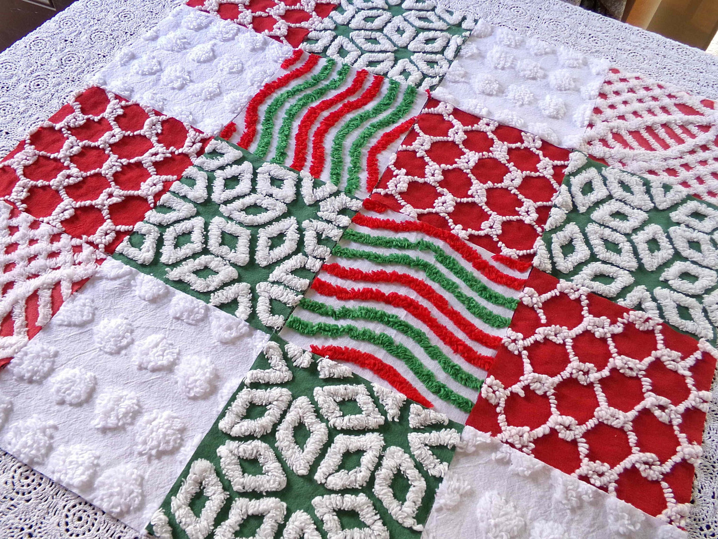 Christmas chenille fabric squares, red, white & green, 16 vintage quilt blocks 6" x 6" inch, for xmas stockings, pillows, quilting, crafts