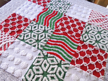 Christmas chenille fabric squares, red, white & green, 16 vintage quilt blocks 6" x 6" inch, for xmas stockings, pillows, quilting, crafts