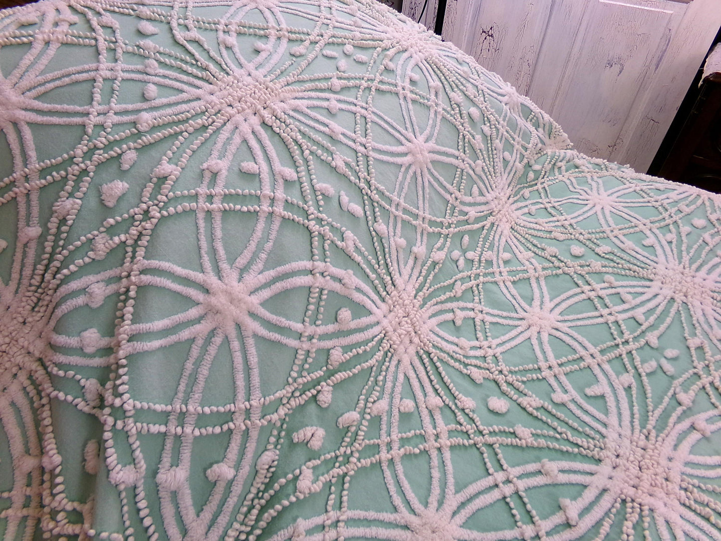 jade green pink rose vintage chenille bedspread, beautiful twin size shabby chic style bedding, great as a summer cottage coverlet