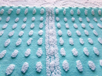 nubby elongated pops vintage chenille fabric, shabby unique 18" x 24" cut piece, white dots on aqua teal lightweight cotton