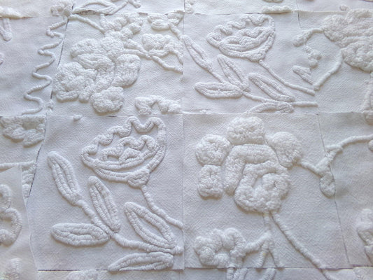 Vintage Chenille Fabric Squares in Rose Lily White Florals from Vintage Bedspread Fabric, Set of 16 Quilt Blocks, 6" x 6" inch