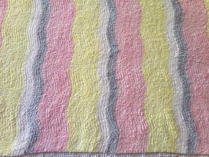 soft cozy striped chenille fabric, vintage 20" x 24" piece of lightweight sewing material in pink, yellow, white & grey ripple stripes