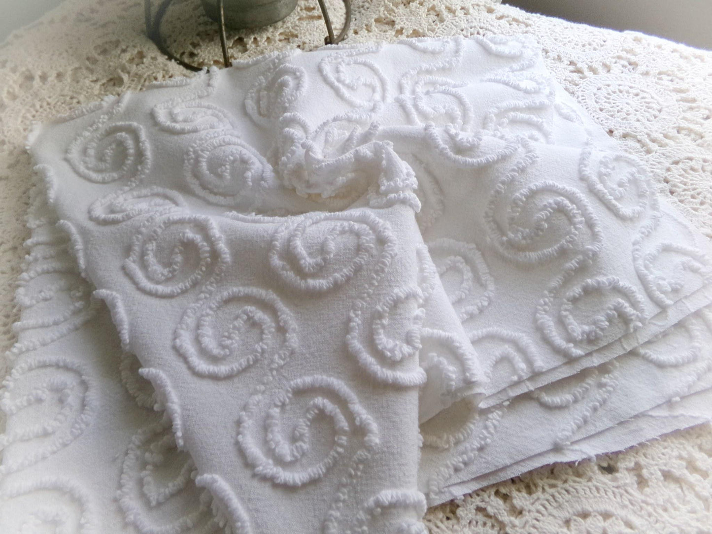 spiral curls white vintage chenille fabric, ultra lightweight cotton sewing material with great texture & presentation, 20" x 24" inch piece