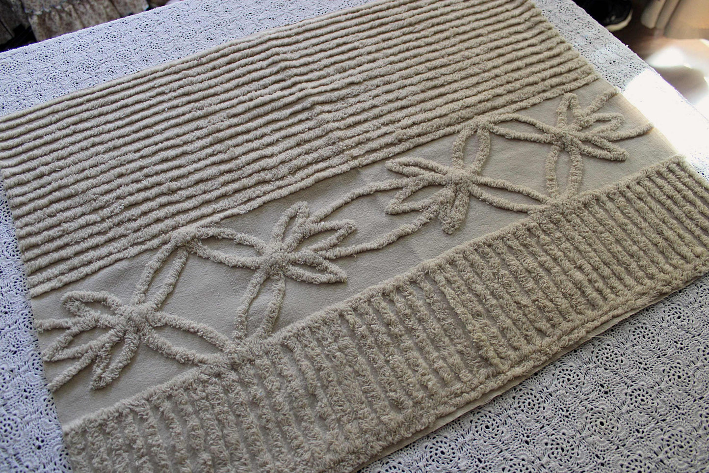 Simple Neutral Modern Vintage Chenille Fabric, 20" x 25" inch Piece, Mocha Star Lily Design