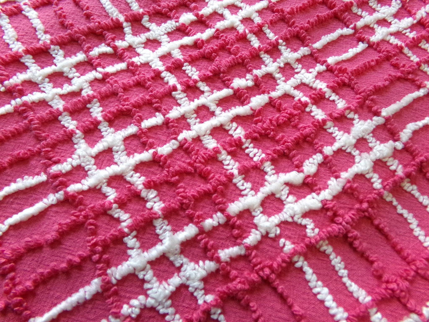 fabulous vintage chenille fabric, vivid pink & white plaid design 20" x 24" cut piece, upcycle into quilts, fiber arts, crafts