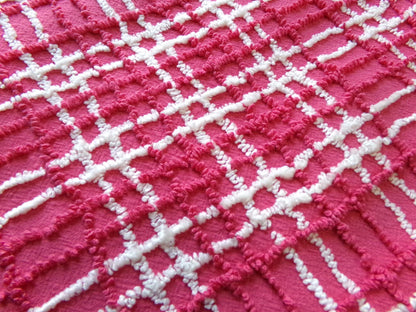 fabulous vintage chenille fabric, vivid pink & white plaid design 20" x 24" cut piece, upcycle into quilts, fiber arts, crafts