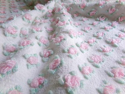 Tiny Tuft Pink Rosebud Vintage Chenille Fabric, 19" x 24" Inch Piece, 100% Lightweight Cotton, Lovely Mini Roses Pattern, Ideal in Quilts
