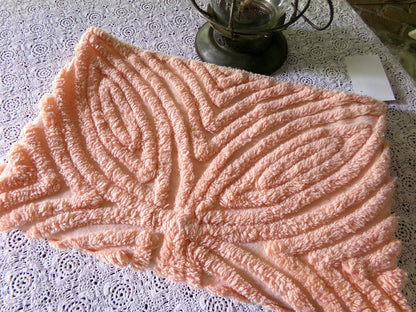 Plush Peach Glow Chenille Material, 20" x 32" inch Vintage Fabric Piece, Thickly Tufted Waffle Grid & Geometric Flower Petals