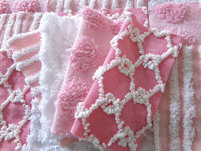 fun pink vintage chenille fabric squares, set of 16 quilt blocks, 6" x 6" inch, textured material ideal for rag quilts & patchwork pillows