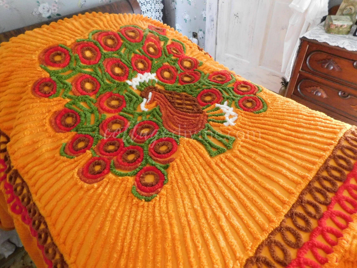 Eyepopping Tango Peacock Vintage Chenille Bedspread, Fitted Full Size with Skirt