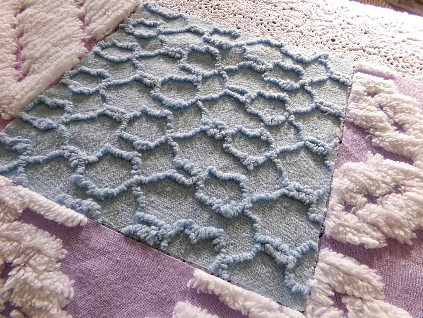 sleep sweetly chenille fabric squares, calming blue, lilac & white, 17 vintage quilt blocks 6" x 6" inch, for pillows, quilting, crafts