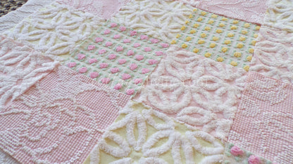 Chenille Fabric Squares Set, "Spring is in the Air", from Vintage Bedspread Fabrics, 16 Quilt Blocks, 6" inch, Cottage Pink, Yellow & White