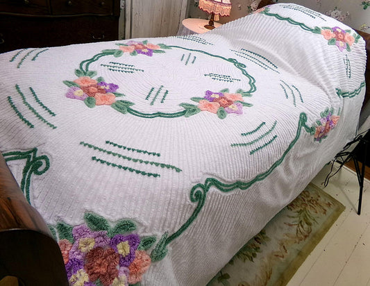Cottage Getaway Vintage Chenille Bedspread, Green Accents & Colorful Florals on White Cotton, FULL Size Summer Shabby Chic Bedding