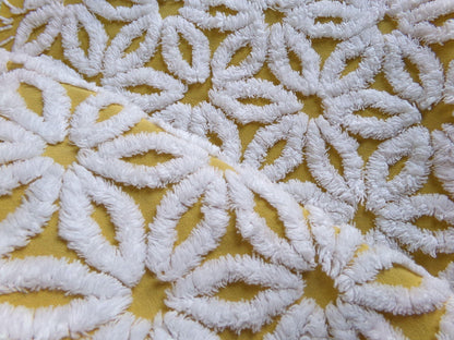 boho style vintage chenille fabric, white daisy on harvest gold, 20" x 24" inch piece of cotton sewing material for quilting & crafts