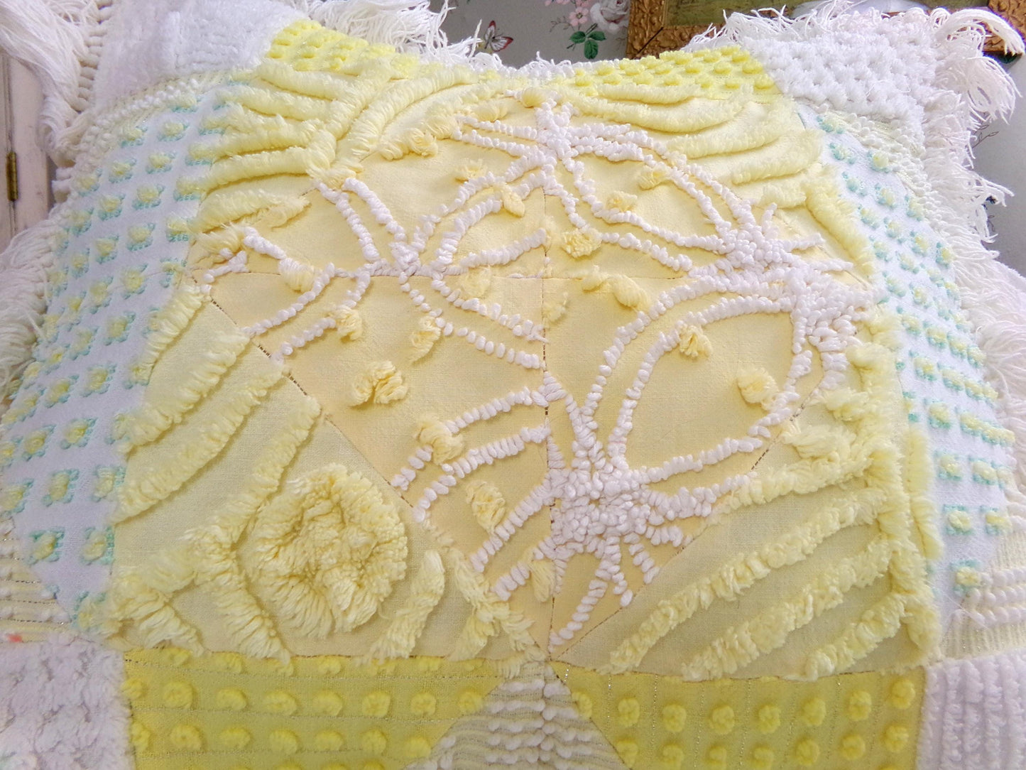 Vintage Chenille Patchwork Pillow | Reversible Mixed Yellow & White Prints, Fringe Accent | Boho Farmhouse Style, 17" x 18" w/ Insert