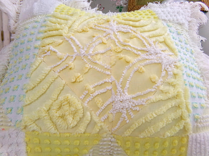 Vintage Chenille Patchwork Pillow | Reversible Mixed Yellow & White Prints, Fringe Accent | Boho Farmhouse Style, 17" x 18" w/ Insert