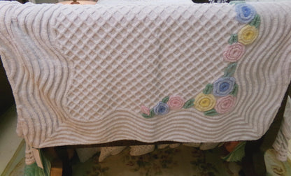 cozy vintage chenille lap blanket in simple cottage florals on white cotton, great porch throw, layering piece, small coverlet, 40"W x 57"L