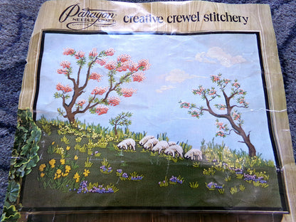 SHEEP in the MEADOW Crewel Embroidery Kit, Vintage Paragon Needlecraft 0920, Pastoral Scene