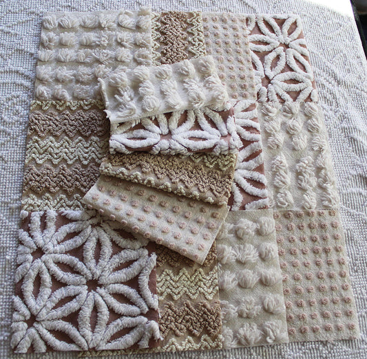 creamy vanilla mocha chenille fabric squares, set of 16 vintage quilt blocks 6" inches ea, daisy, squiggle, puffy pop texture