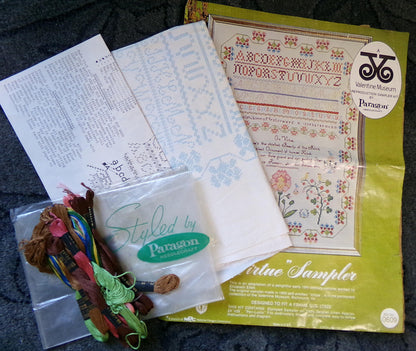 VIRTUE Embroidery Sampler, Paragon 0609 Valentine Museum Reproduction, Vintage Cross Stitch Stitchery Kit on Belgian Linen