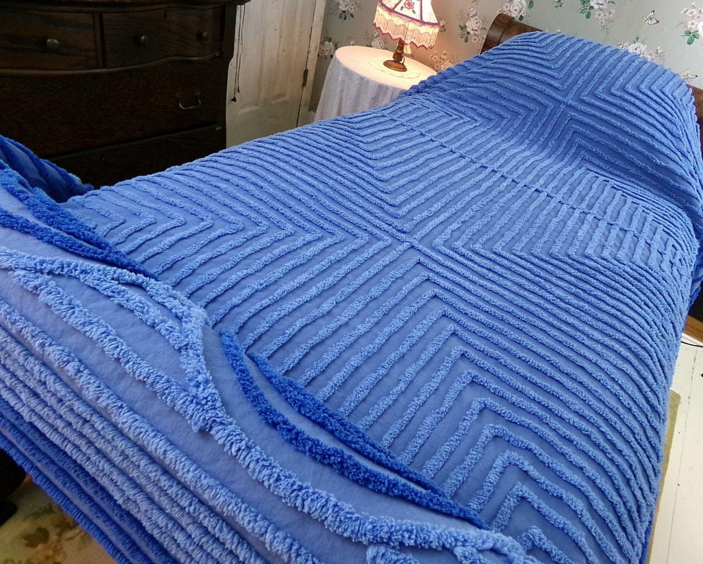 shabby sea nymph blue vintage chenille bedspread, coastal chic geometric design, full size cotton bedding