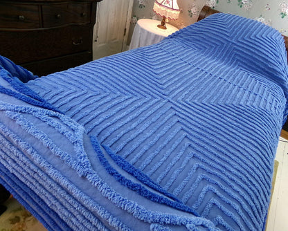 shabby sea nymph blue vintage chenille bedspread, coastal chic geometric design, full size cotton bedding