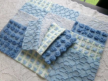 magical moonglow chenille fabric squares, 16 vintage 6" quilt blocks in blue & white, for sewing, crafts, fiber arts