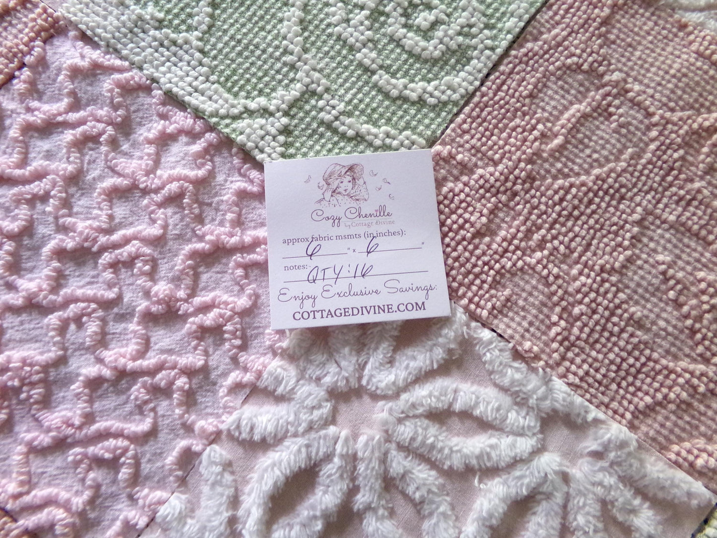 Garden Walk Chenille Quilt Squares Set from Vintage Bedspread Fabric, 16 Blocks, 6" inch in Sage Green, Pink, Rose Mist & Whispers of White
