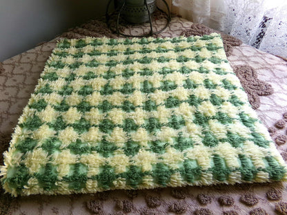 Cheerful Green & Yellow Plaid Vintage Chenille Fabric, 21" x 23" inch Piece, Soft Cotton Blend