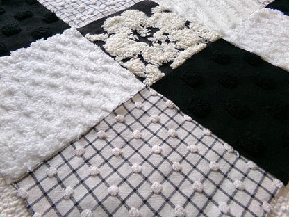 trendy tuxedo b&w chenille fabric squares, set of 16 vintage black and white quilt blocks 6" ea, great textures for crafts, quilting