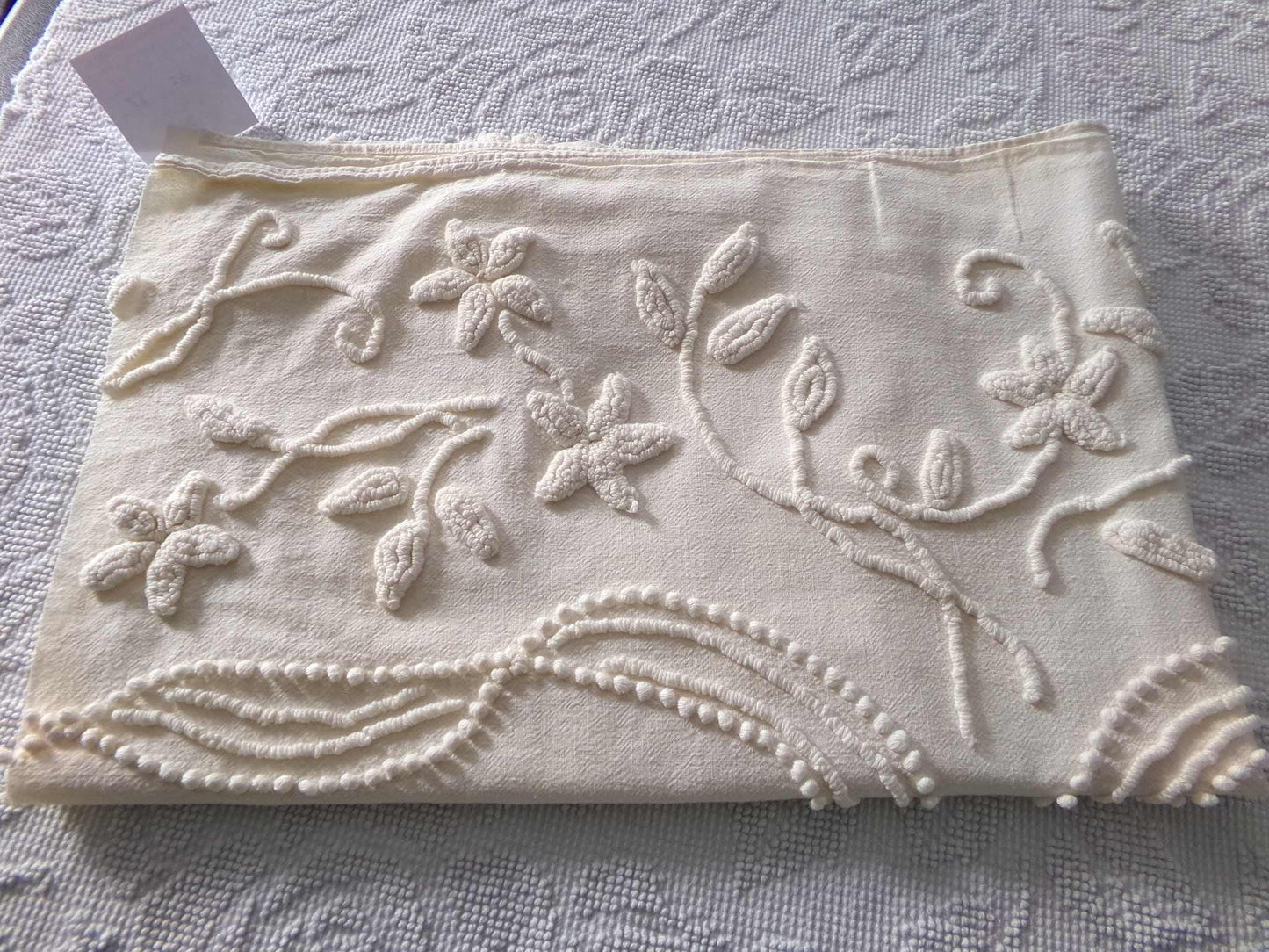 Exquisite Heirloom Vintage Chenille Fabric Piece, Large Bow & Lily Flowers in Antique Cream, 23" x 37" inch piece, lovely for a wall hanging