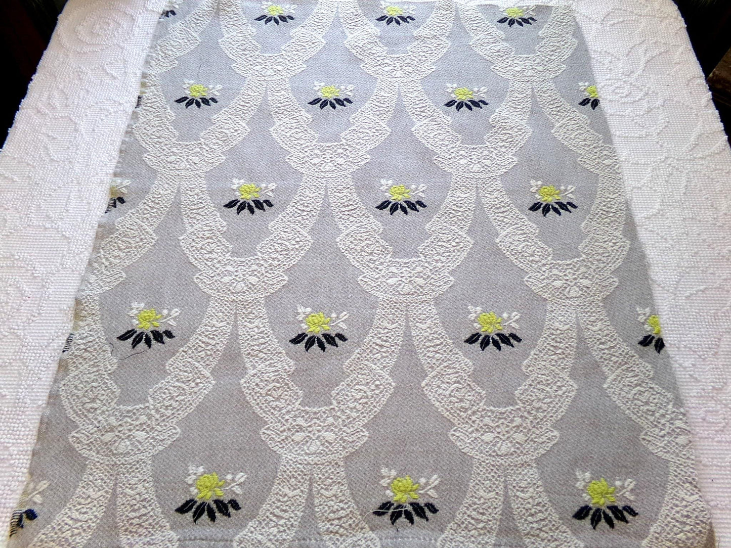 starlight silver swag vintage woven fabric piece, white lace designs, cool grey, chartreuse rose florals, reversible Bates design, 22" x 27"