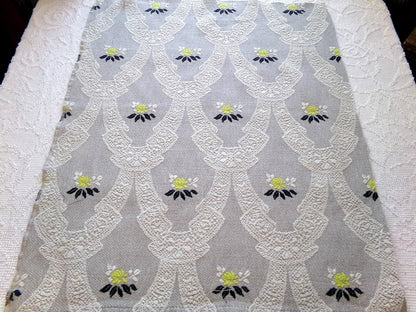 starlight silver swag vintage woven fabric piece, white lace designs, cool grey, chartreuse rose florals, reversible Bates design, 22" x 27"