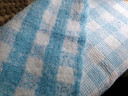Cuddly Vintage Chenille Fabric in Cozy Blue & White Gingham Country Plaid, 18" x 24" inch Piece, Soft Plush Cotton Blend